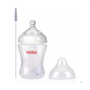NUBY- Biberon anti-colica, Bocca Larga-  con cannuccia 360°e tettarella in silicone, 240 ML