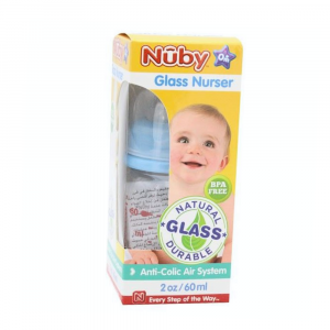 NUBY- Biberon in vetro standard- con tettarella a flusso lento, 60 ML