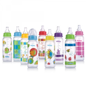 NUBY- Biberon rotondo, con bocca standard- dotato di una tettarella in silicone, 240 ml