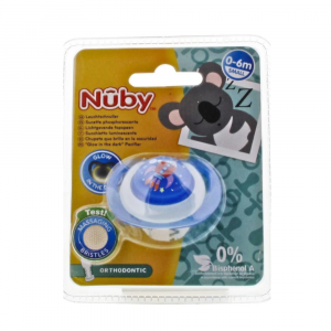NUBY- Glow in the dark- Succhietto Ortodontico, fluorescente, Bristles, 0-6 m
