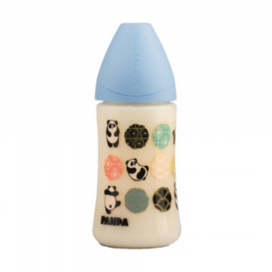 SUAVINEX- Biberon con tettarella Anatomica in Lattice, con disegno Panda Azzurro, Misura M 1, 270 ml