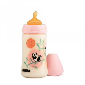 SUAVINEX- Biberon con tettarella Anatomica in Lattice, con disegno Panda Rosa, Misura M 1, 270 ml