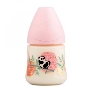 SUAVINEX- Biberon con tettarella Anatomica in Lattice, con disegno Panda Rosa, Misura S1, 150 ml