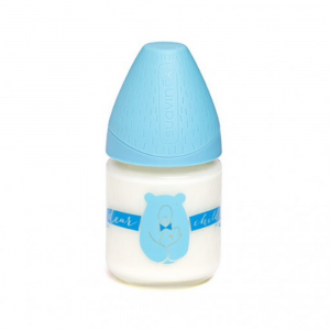 SUAVINEX- Biberon in Vetro, con tettarella in silicone a 3 posizioni, colore Azzurro, 120 ml