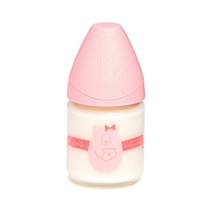 SUAVINEX- Biberon in Vetro, con tettarella in silicone a 3 posizioni, colore Rosa, 120 ml