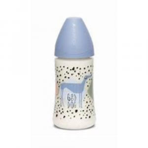 SUAVINEX- Biberon stile Dog con tettarella in silicone, 3 velocità colore Azzurro, 270 ml