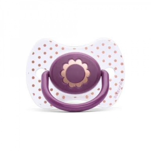 SUAVINEX- Collezione Premium Haute Couture- Succhietto Fisiologico con Tettarella in silicone reversibile, con stampa Fiore Fucsia, 4-18 M