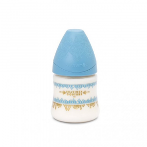SUAVINEX- Haute Couture- Biberon Premium, con Tettarella in Silicone, Flusso Lento, 150ml, Colore Azzurro.