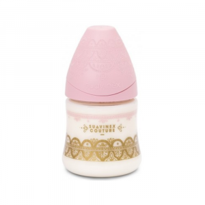 SUAVINEX- Haute Couture- Biberon Premium, con Tettarella in Silicone, Flusso Lento, 150ml, Colore Rosa.